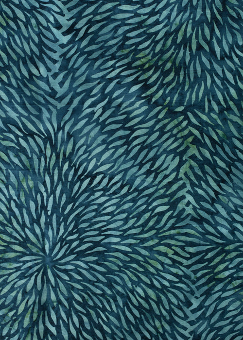 Detail of a kombucha cloth cover that looks like an abstracted overhead view of tightly packed schools of light blue fish on a dark blue background swimming in various directions.   