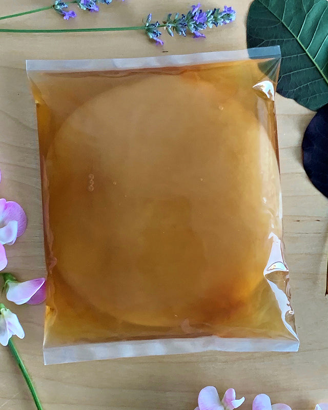 A sealed plastic package containing a large, translucent SCOBY pellicle with liquid kombucha culture on a wooden surface with decorative flowers around it.