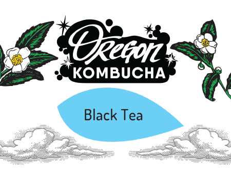 Detail of the Oregon Kombucha label for black tea products.  The logo is flanked by camellia leaves and clouds above a blue shape containing the words black tea.  